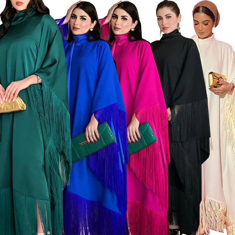

Eid Abaya Muslim Women Tassel Batwing Sleeve Dress Turtleneck Loose Irregular Hem Robe Moroccan Caftan Ramadan Jalabiya