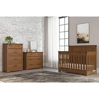 3-Piece Redmond Nursery Furniture Set 4-in-1 Convertible Crib Dresser Chest Strong Pine Wood MDF Coach Cherry Dapper Gray Safety 1