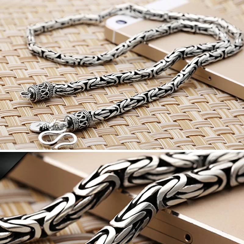 HX Colar Padrão Pingan Cor Prata, personalidade retrô grossa e longa masculina, acessórios de joias da moda