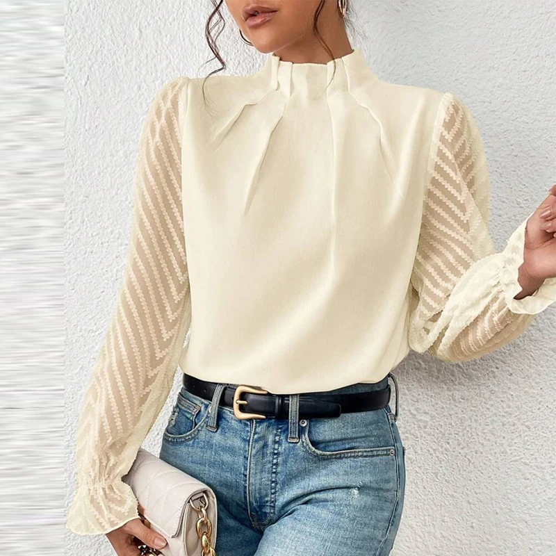 

Elegant Office Lady Clothes Autumn Fashion Half High Collar Tops New Fashion Satin Blouse Chiffon Long Flare Sleeve Shirt 28297