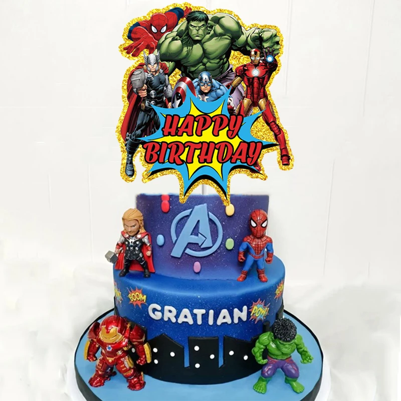  Disney-Decoración de Pastel de Los Vengadores, Spiderman, Hulk, Iron Man, Bandera de pastel de Favor para niños, suministros de fiesta de Baby Shower _