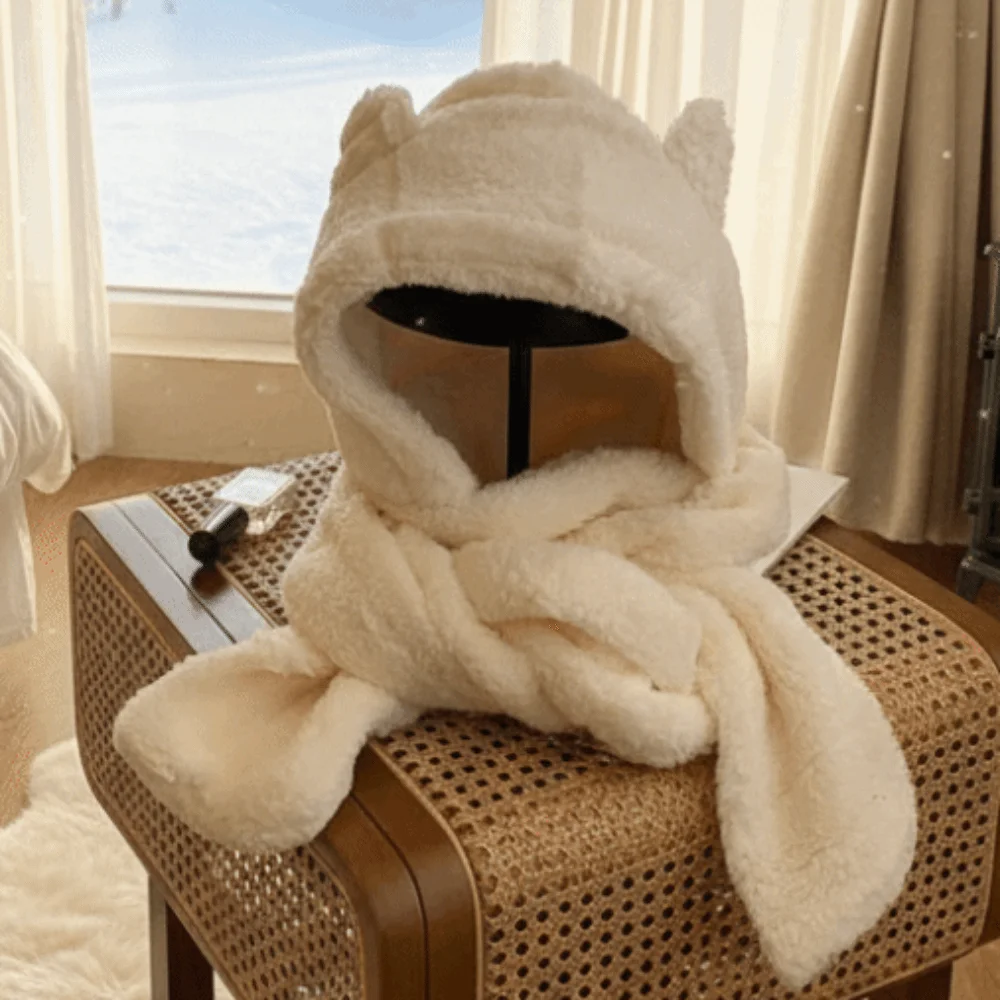 Verdickte Bärenohr-Plüschmütze, 3-in-1-Plüschschal, Mütze, Handschuhe, Gehörschutz, bequeme Fleece-Schals, Mütze, Herbst und Winter, warm