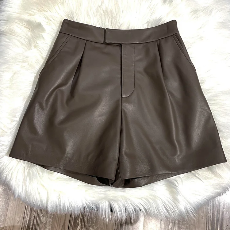 2024 Women New Arrival Women Brief Slim Elastic Waist Real Sheepskin Leather Shorts