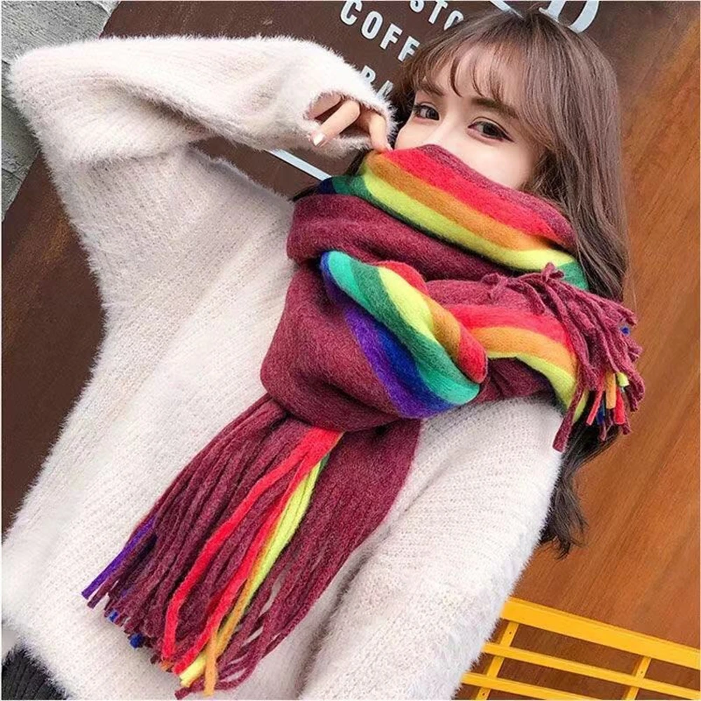 Women's Rainbow Scarf Winter Cashmere Shawl Thickened Warm Knitted Line Scarf Long Fashion Bufandas Shawl Pashmina for Femme 2