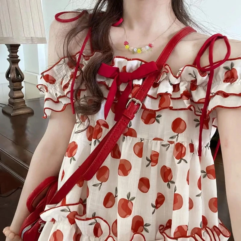 Summer Strawberry Dresses Sweet Kawaii Mini Slash Neck Lace-up Lolita  Japanese Style Age-reducing Party Loose Cute uhjii8 - AliExpress 200000532