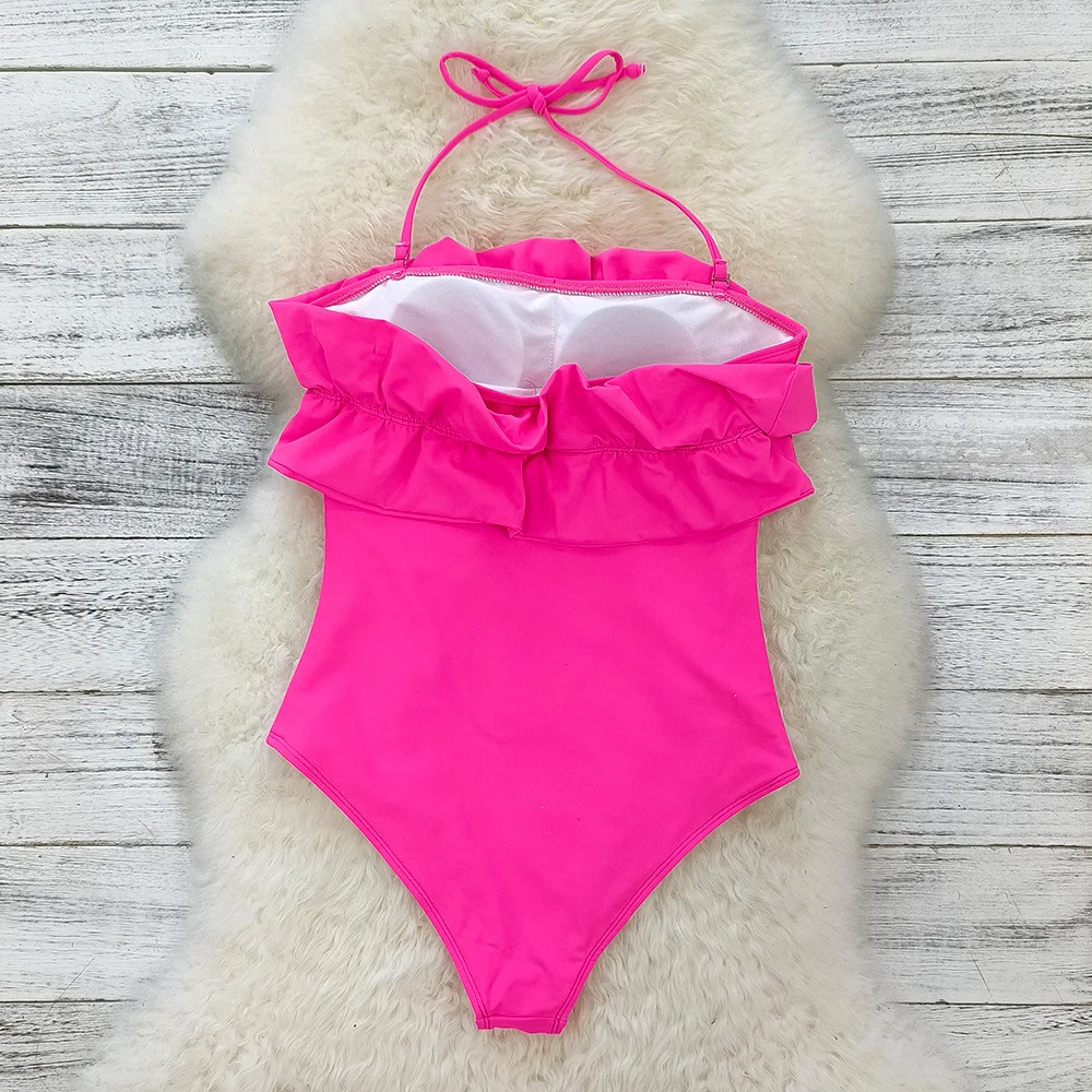 Strapless Backless One-piece Swimwear Women's New Hanging Neck Foreign Trade Sexy Swimsuit Solid Color High Waist Bikini Summer