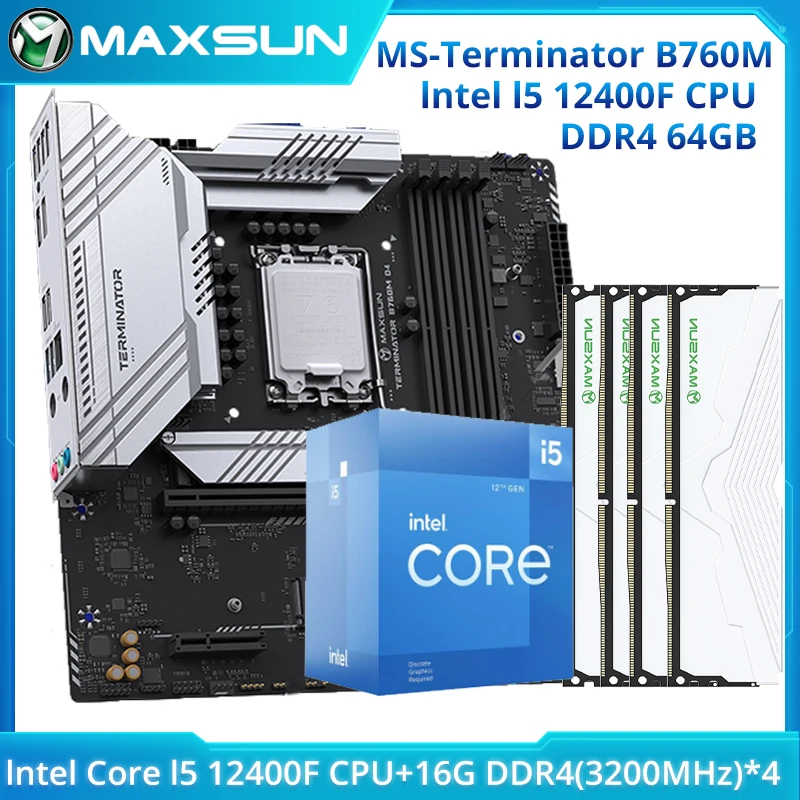 

Игровая материнская плата MAXSUN B760M D4 с комплектом Intel i5 12400F и двухканальным DDR4 16 Гб x 4 = 64 Гб 3200 МГц ОЗУ LGA1700, комбинированный компьютер