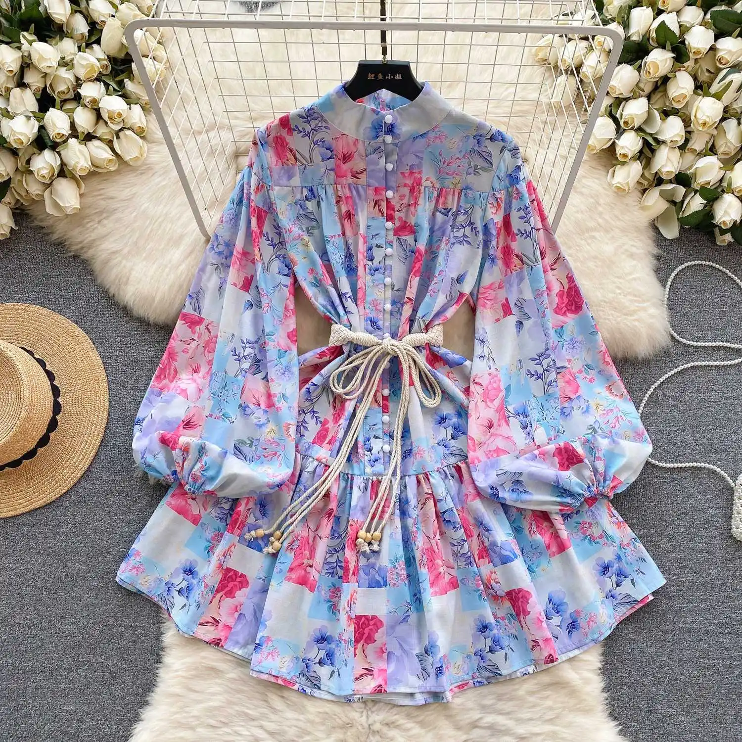 

Palace style dress Spring women retro lantern sleeve lace-up waist slimming short peplum skirt French dress