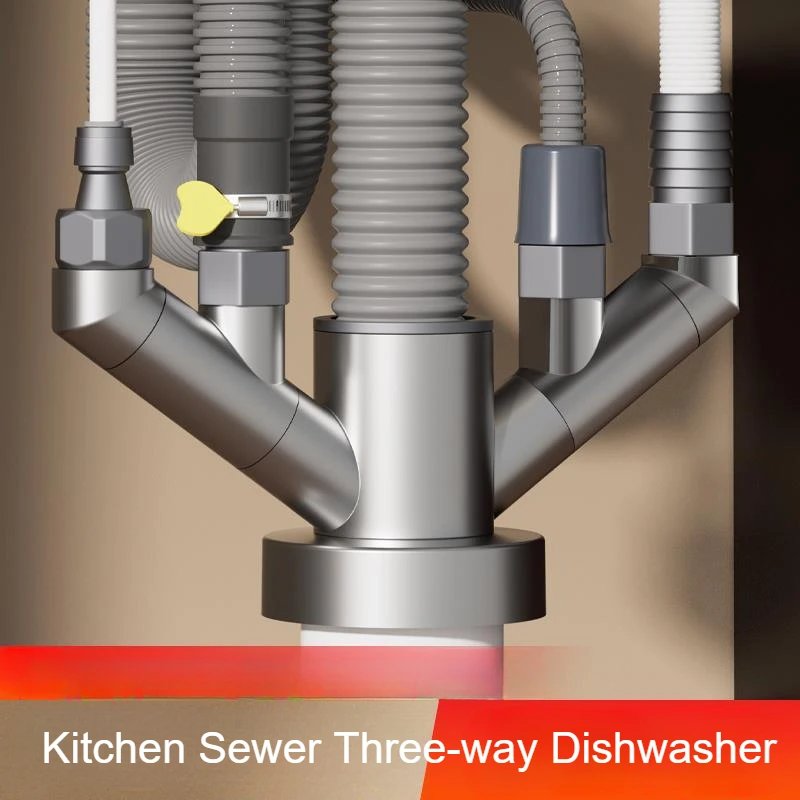 ห้องครัวท่อระบายน้ํา 3-Way เครื่องล้างจานเครื่องกรองน้ําเครื่องซักผ้าท่อระบายน้ํากําจัดกลิ่น 3-in-one Joint ท่อระบายน้ําชั้น 1