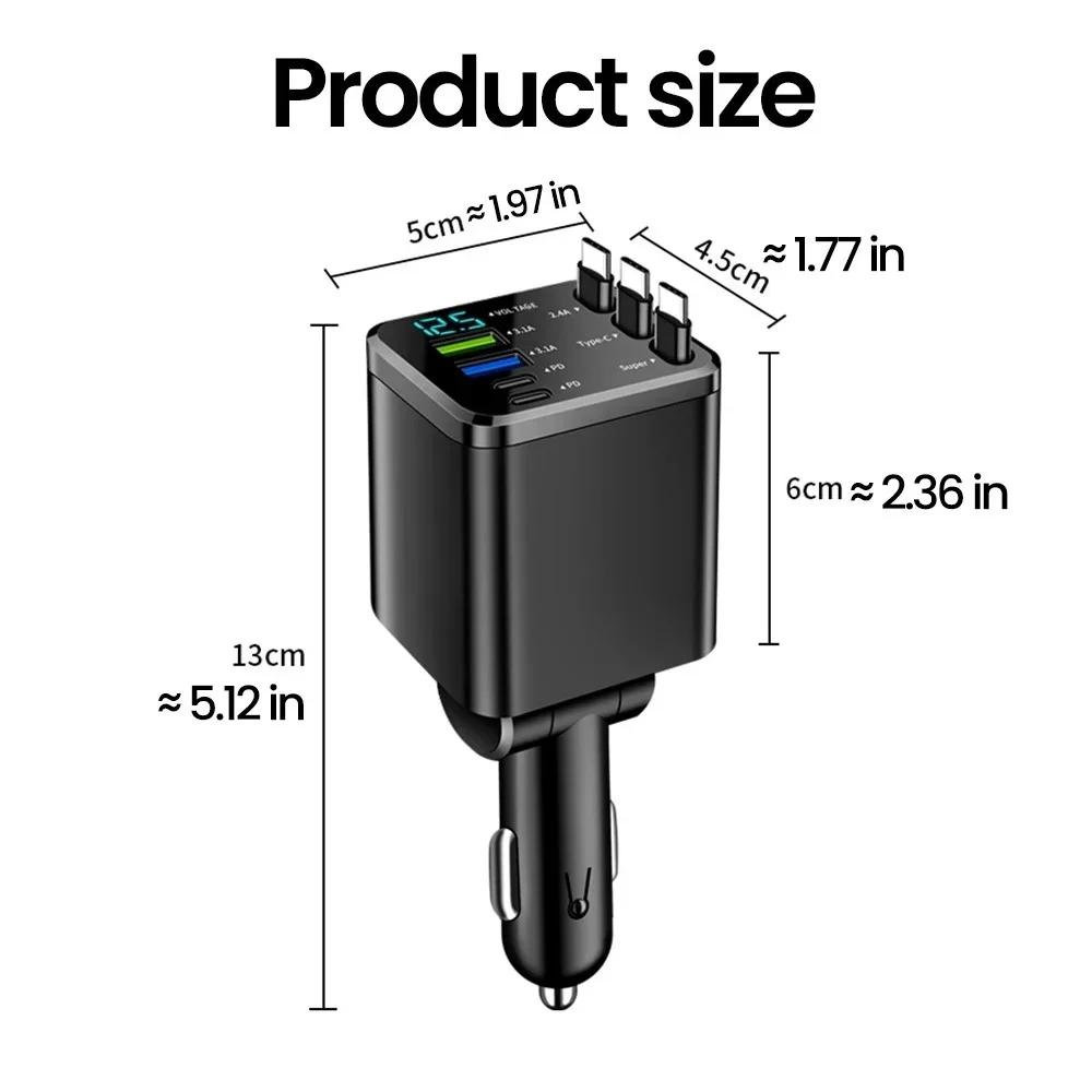7-in-1 Retractable Car Charger Fast Charging USB Type-C Power Adapter With LED Retractable Cable for iPhone Xiaomi