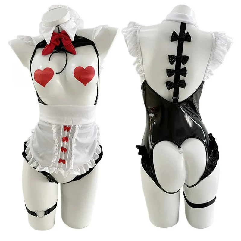 

Anime Female Cook Maid Uniform Cosplay Costumes Women PU Leather Bodysuit Apron Sexy Underwear Role Play Party Outfits Lingerie