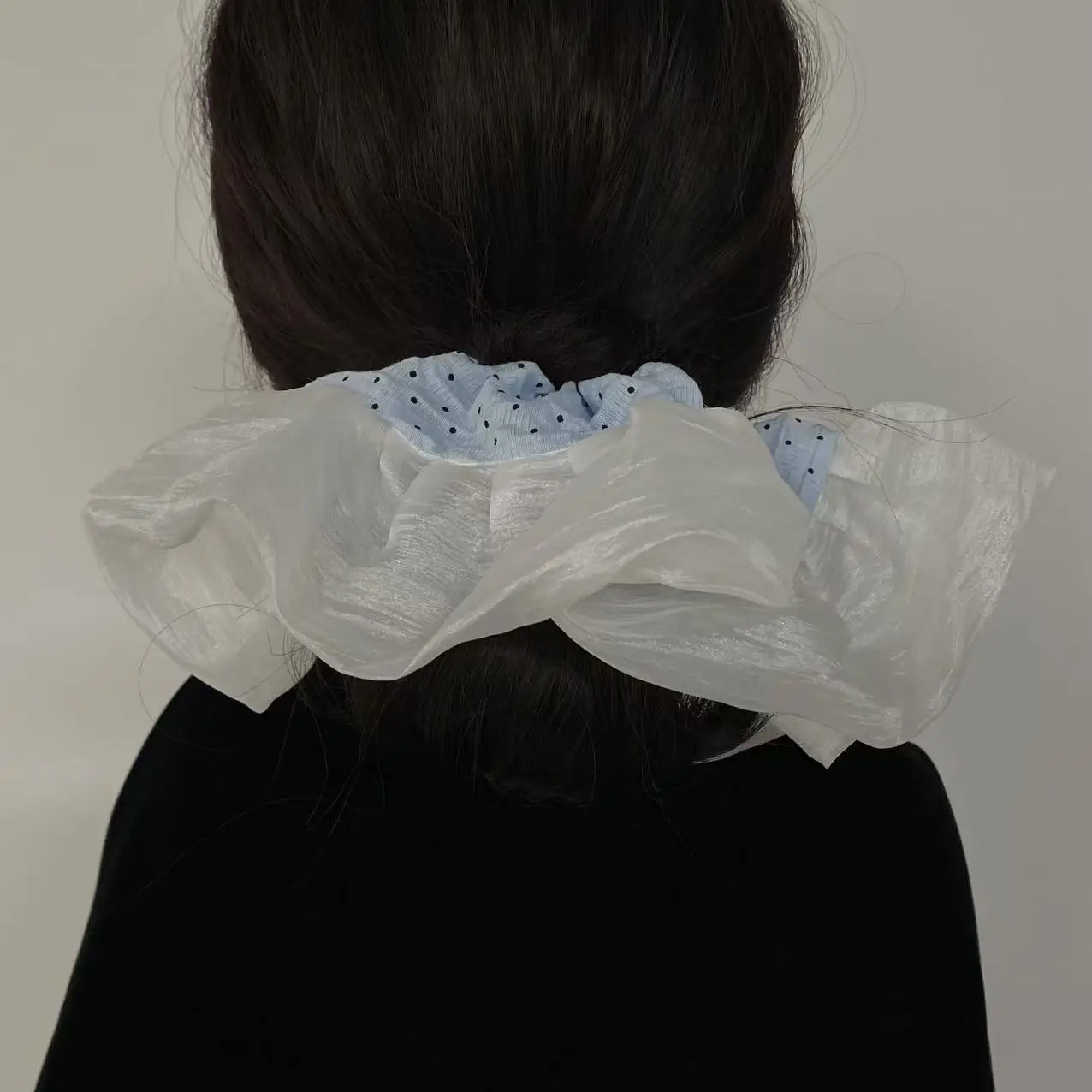 1PC Elegant Organza Hair Scrunchies With Blue Polka Dot Center, Romantic Hair Accessories For Women