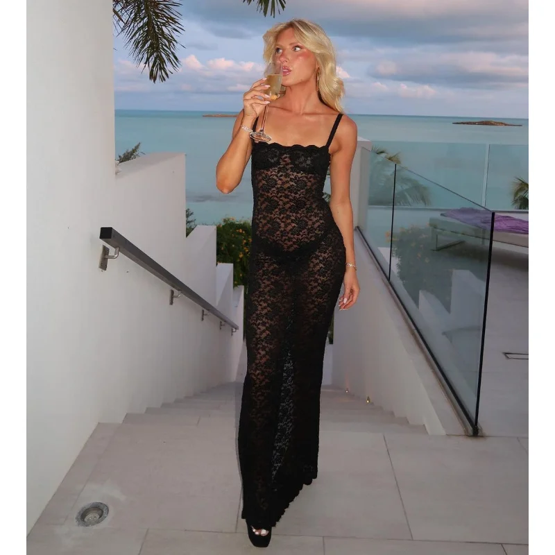 Lace Black Dress Female Slim Hollow Out Spaghetti Backless Dress Elegant Party Evening Gown Split Women Maxi Dress Summer