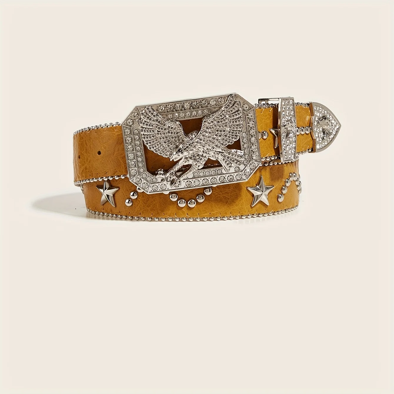1pc Herren Gelb Y2k Punk Strass Adler Schnalle Nieten Gürtel Jeans Vielseitig Dekorative Gürtel – Detail 2