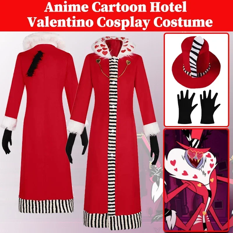 

Костюм для ролевых игр Valentino с аниме хамбин из мультфильма «Отель», мужской Ролевой костюм, длинное красное пальто, перчатки для мальчиков, для взрослых мужчин