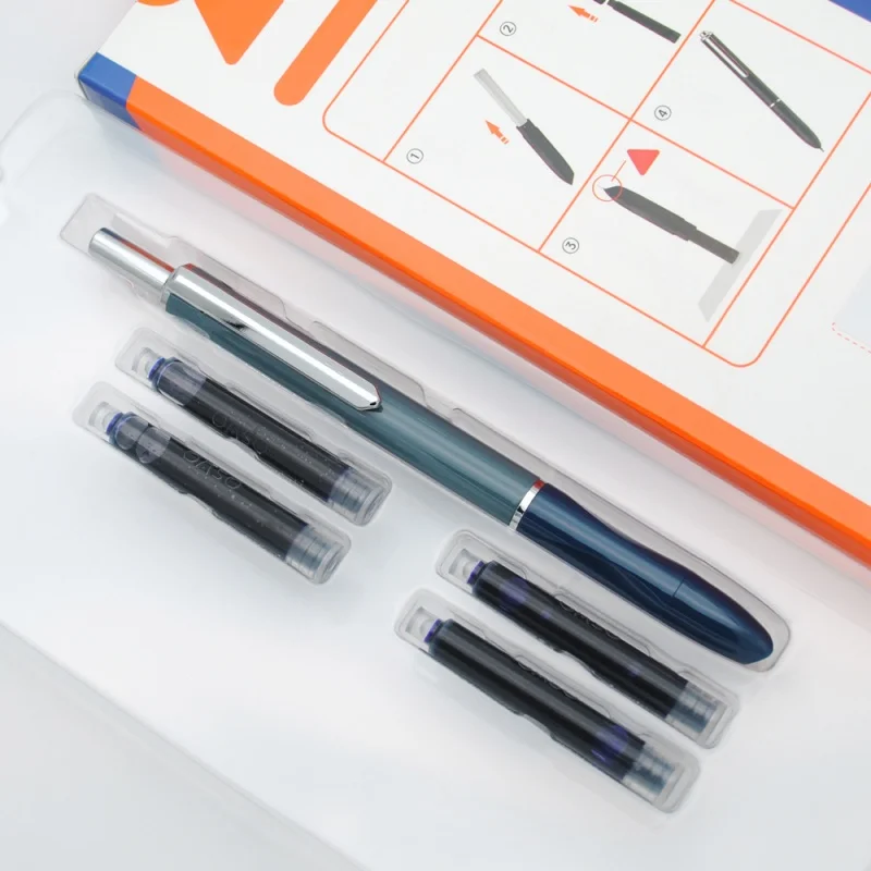 Fountain Pen OASO K016 Sealed Press Fountain Pen Retractable 0.5mm Nib with 4pcs Blue Ink Cartridges for Office School Student