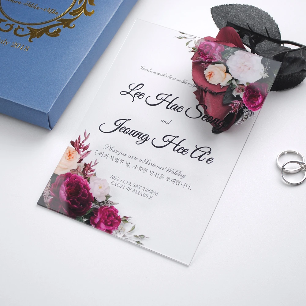 Transparent Custom Wedding Invitation Card, Acrylic Flora Design, Box and Envelop Need Extra Cost, 2mm Thickness, 10Pcs