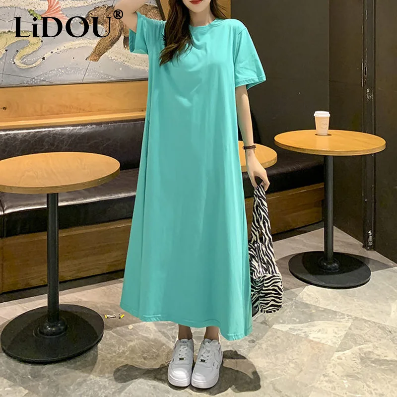 

Summer High Street Solid Color Tshirt Dress Women Round Neck Short Sleeve Fashion Maxi Dresses Korean Style All-match Vestidos