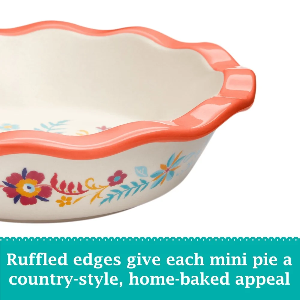 Set of 4 Durable Stoneware Mini Pie Pans with Floral Design & Ruffled Edges 4