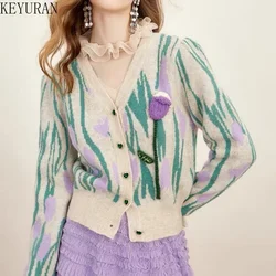 Vintage Flower Sweater Coat Women 2023 Autumn Winter New Women's V-Neck Long Sleeve Knitted Cardigan Mujer Kntiwear Tops Jumpers