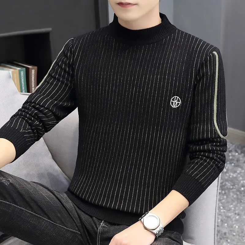 Fashion Stand Collar Spliced Embroidery Striped Sweaters Men's Clothing 2023 Winter Loose Knitted Casual Pullovers Korean Tops 2