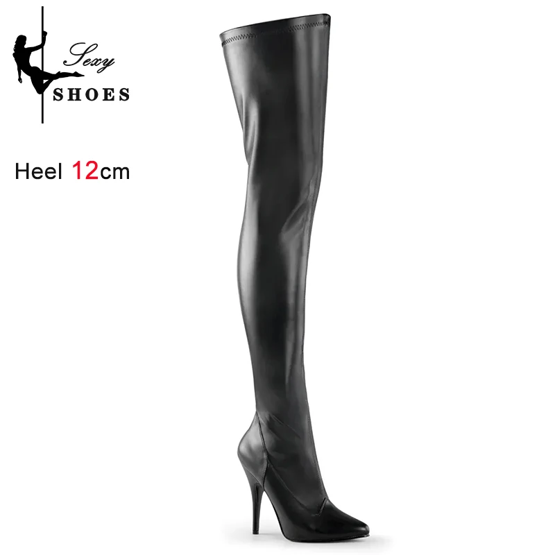 Over-the-Knee Women's Luxury Brand Leather Long Shoes Side Zipper Pointed Toe Black Stiletto Cross Thigh High Boots Plus Size 46