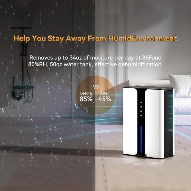 85 OZ Dehumidifier For Small Spaces (800 Sq Ft) - Quiet, With Drain Hose, Reusable Filter, Sleep Mode, Timer, Night Light