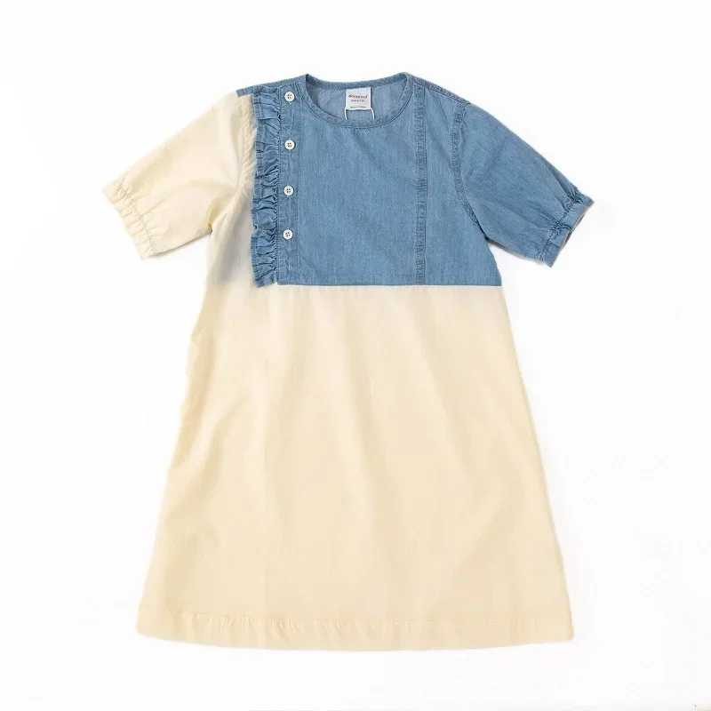 

Girls Denim Dress Patchwork Teen Kids Midi Dress 2022 Baby Girls Clothing Ruched Buttons Fashion Clothes Cute 100% Cotton,#6996