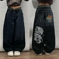 American Hip Hop Retro Gothic Print Jeans Women Y2K New Street Selling Fashion Loose Straight Wide Leg Pants Unisex Joker Jeans - Image 3