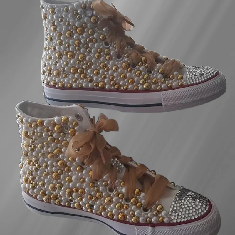 

High top lace lace-up classic casual sneakers rhinestone pearl handmade custom canvas shoes men and women plus size 35-46