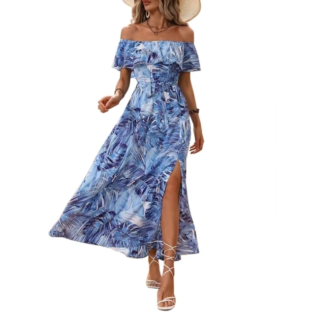Women's Summer Off The Shoulder Maxi Dress Ruffle Strapless Blue