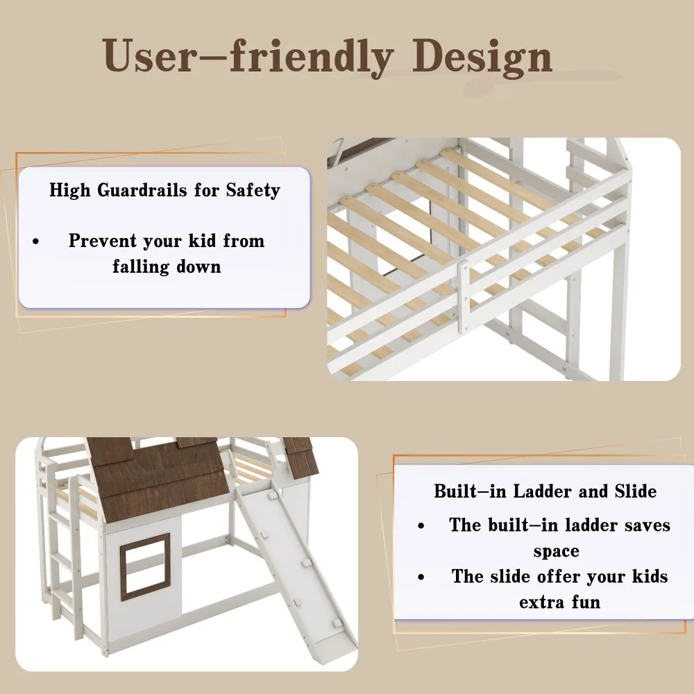 Low House Bunk Bed with Slide and Roof, Wood Twin Over Twin Floor Bunk BES for Kids 3