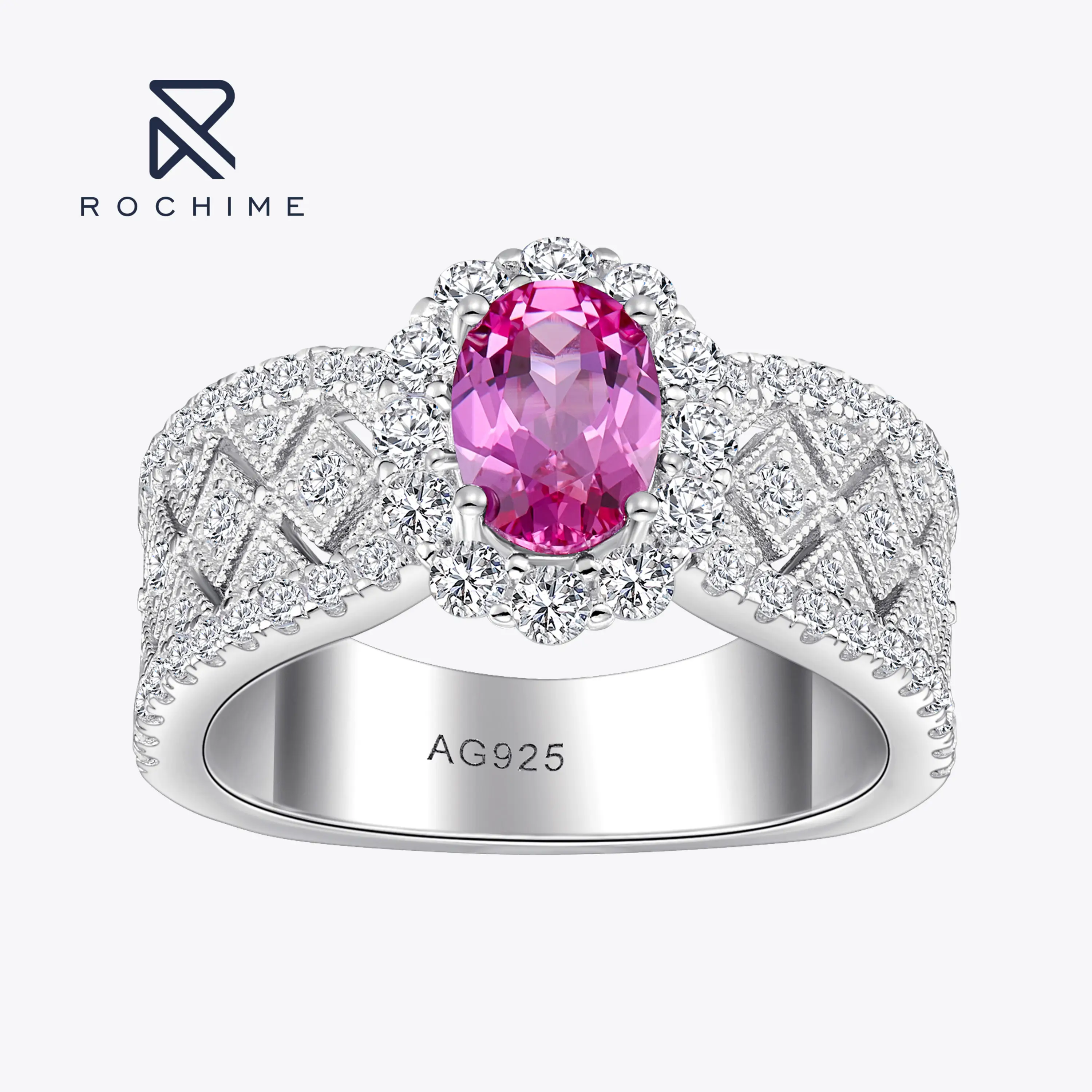 

Роскошные дизайнерские кольца Rochime в форме кружева с розовым бриллиантом из циркония, серебро 925 пробы, Ювелирное кольцо с овальной огранкой