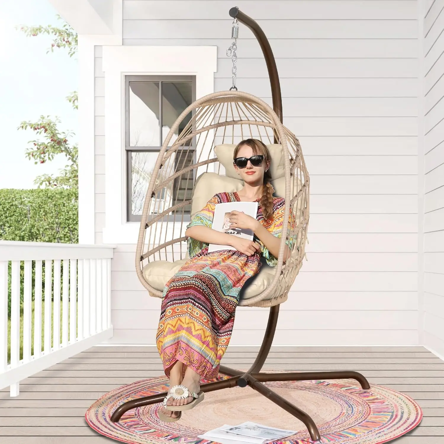 Swing Egg Chair with Stand Indoor Outdoor Wicker Rattan Patio Basket Hanging Chair UV Resistant Cushions 350lbs Capacity
