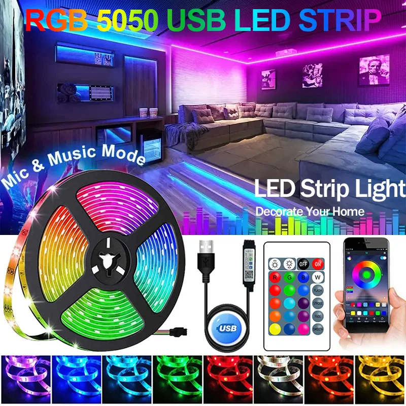 LED 스트립 조명 블루투스 와이파이 USB 5050, SMD 5V RGB LED 램프, 리본 유연한 조명, 방 장식 TV 백라이트 다이오드 테이프
