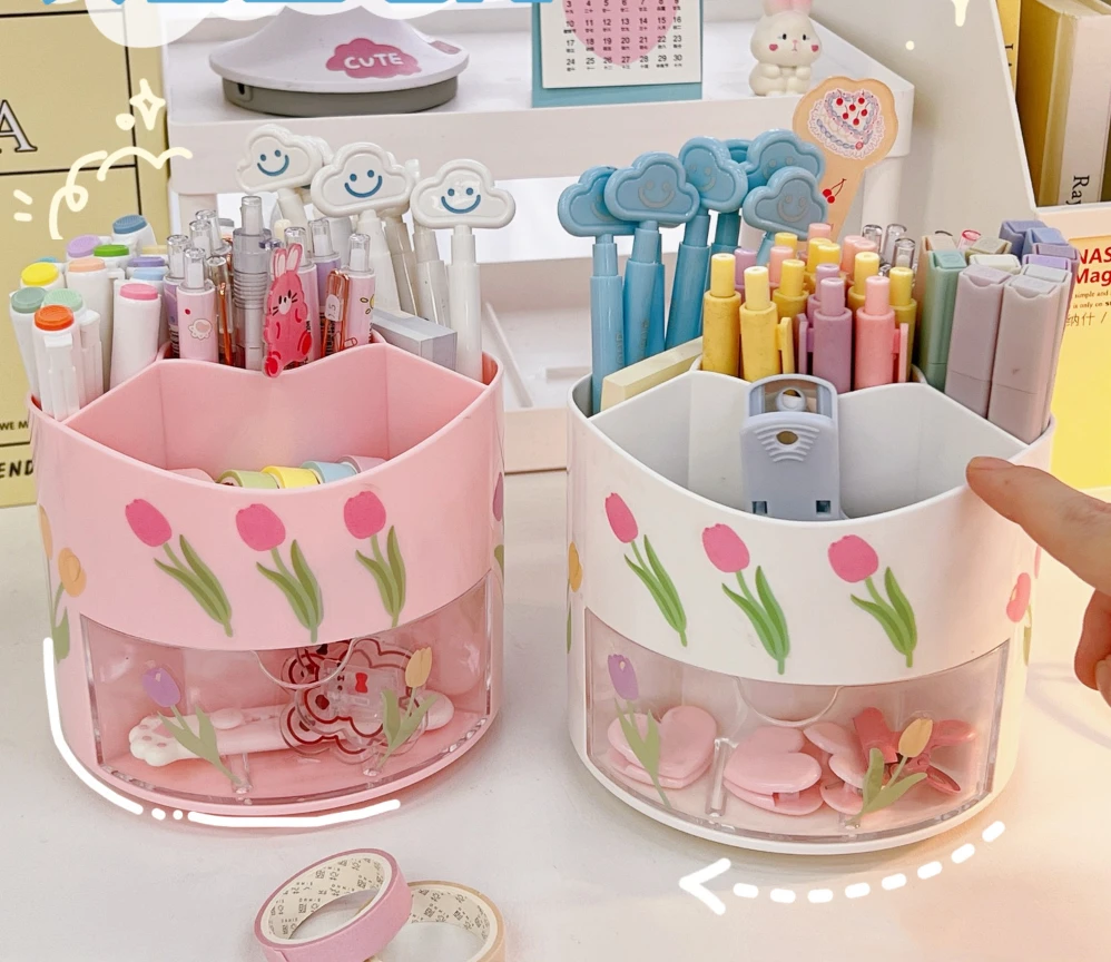 Cute Rotary Pen Holder Large Capacity Desktop Stationery Multi-functional Storage Box Makeup Brush Shelf Plastic Kawaii Style cute mini necklace display bust stand blue purple jewellry display stand exhibition shelf jewelry photography props