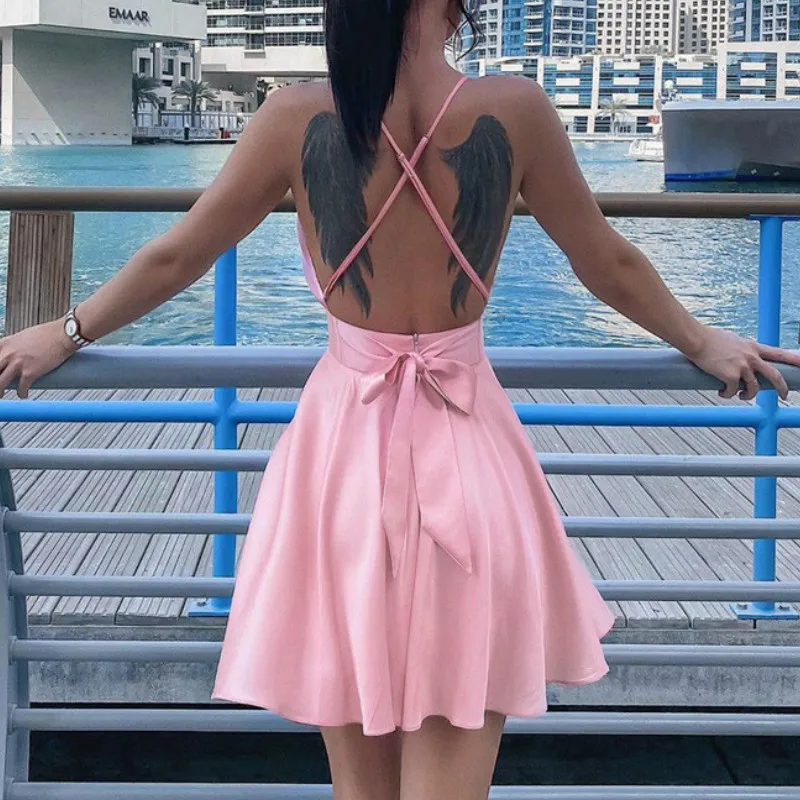 

New 2021 Sexy Sleeveless V-neck Night Club Wrap Mini Dresses Backless Summer Women Spaghetti Straps Dress Solid Vestidos Elegant