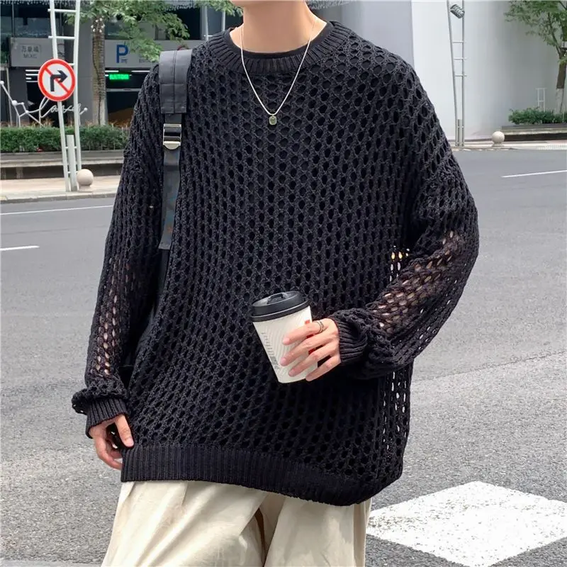 Men Autumn High-end Design Trendy Tops in Knitwear Round Neck Loose Fishnet Solid Long-sleeved Hollow Sweatshirt Fashionable 3