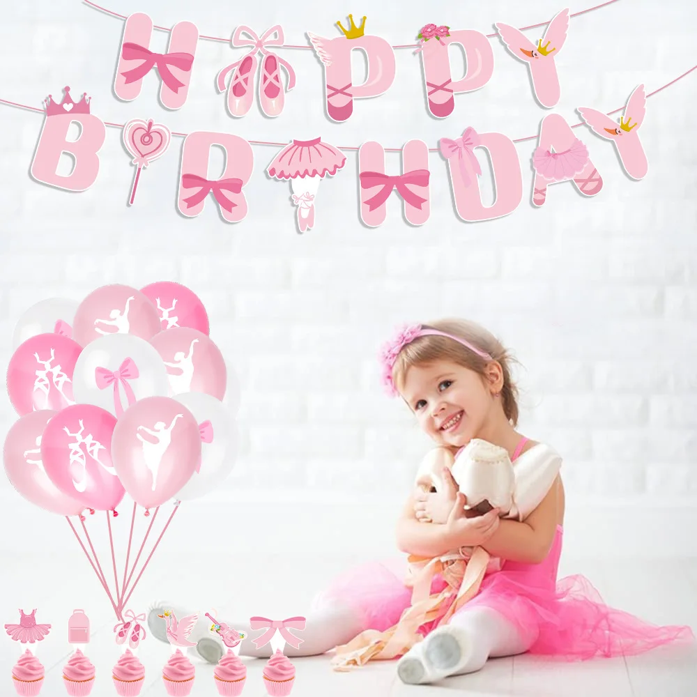 

Pink Ballet Princess Happy Birthday Party Decoration Supplies Dancing Girl Balloon Cake Topper Banner Baby Shower Home Garden