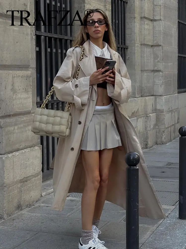 

TRAF ZA Elegant Fashion Woman Long Sleeve Windbreaker Double Breasted Belt Slim Women's Lapel Side Pockets Decorate Casual Coat