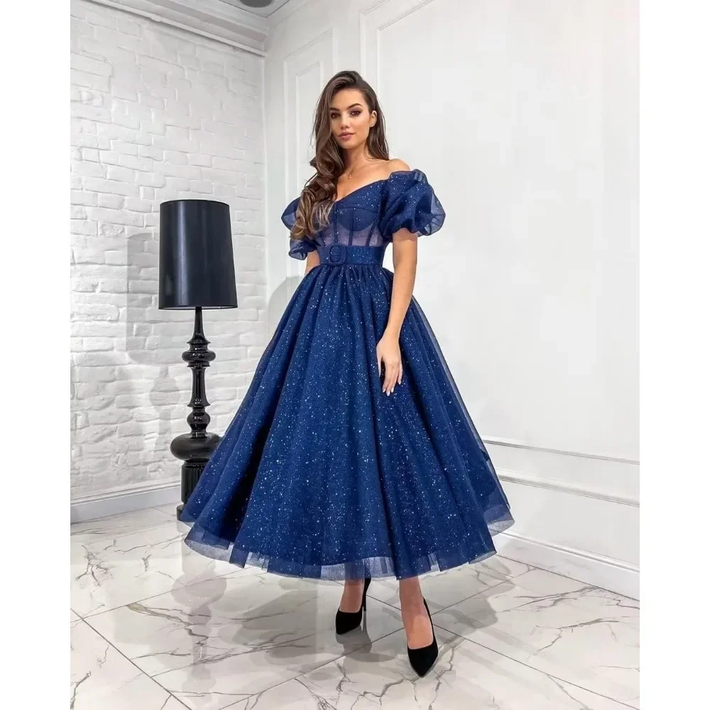 

Wakuta Glitter Puffy Sleeve Tulle Prom Dress Ankle Length Off the Shoulder Corset Formal Evening Dresses Party Gown robes de bal