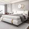 Modern Faux Leather Upholstered Platform Bed Frame with Golden Iron Metal Decor, No Box Spring Needed, Queen Size 1