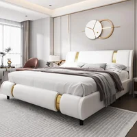 Modern Faux Leather Upholstered Platform Bed Frame with Golden Iron Metal Decor, No Box Spring Needed, Queen Size 1