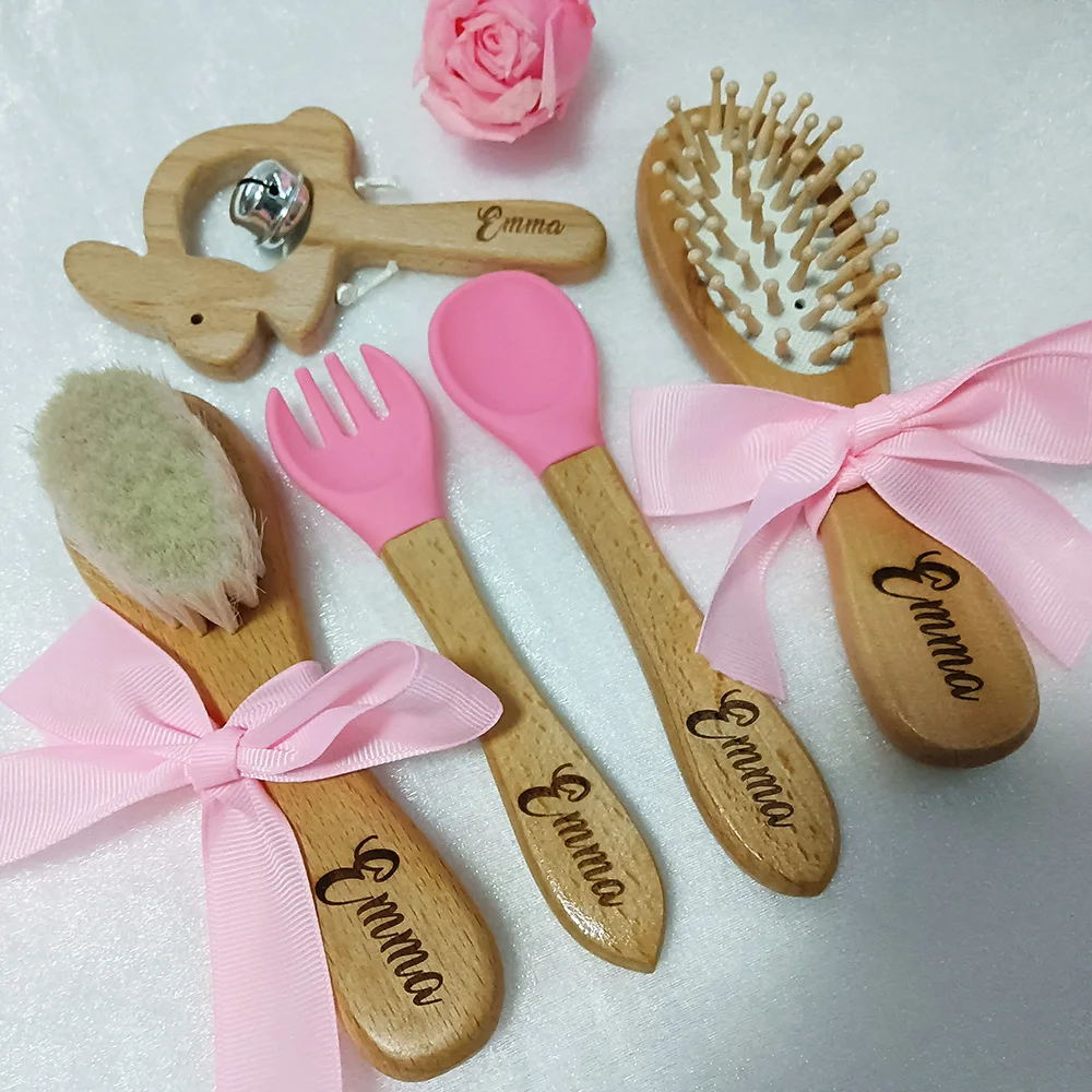 Wooden Rattle with Personalized Name for Baby, Silicone Spoon and Fork Set, Sensory Toy, Newborn Hair Brush, Kids Gift