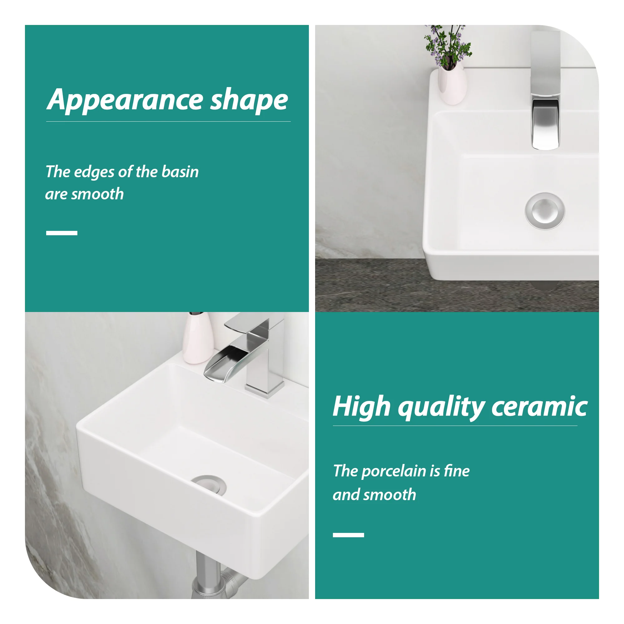 13.6x11.6” White Ceramic Rectangular Wall Mount Bathroom Sink with Single Faucet Hole ( Faucet and Sink Undermount Not Included) 5