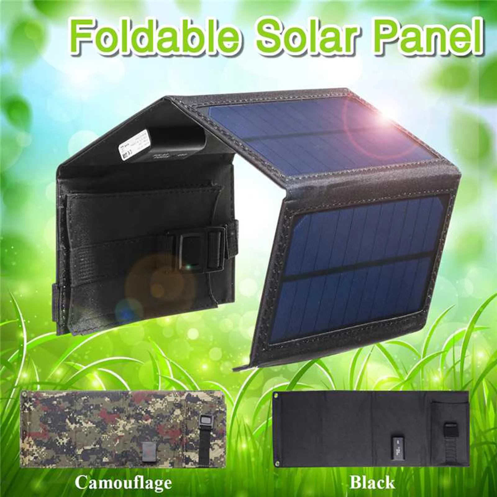 20W 5V Solar Panel Foldable USB Panel Cells Outdoor Mobile Phone Power Battery Cells Charger for Camping Hiking with Carabiner