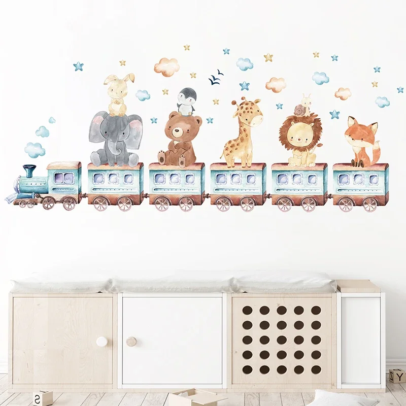 Watercolor Cartoon Animals on the Train Bear Elephant Giraffe Wall Stickers for Kids Room Baby Nursery Room Bedroom Wall Decals