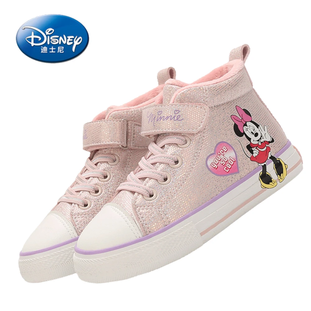 Disney Cartoon Board Shoes For Children Girls Pink Minnie Mouse Outdoor Boots Kids Breathable Non-slip Plus Velvet High Shoes