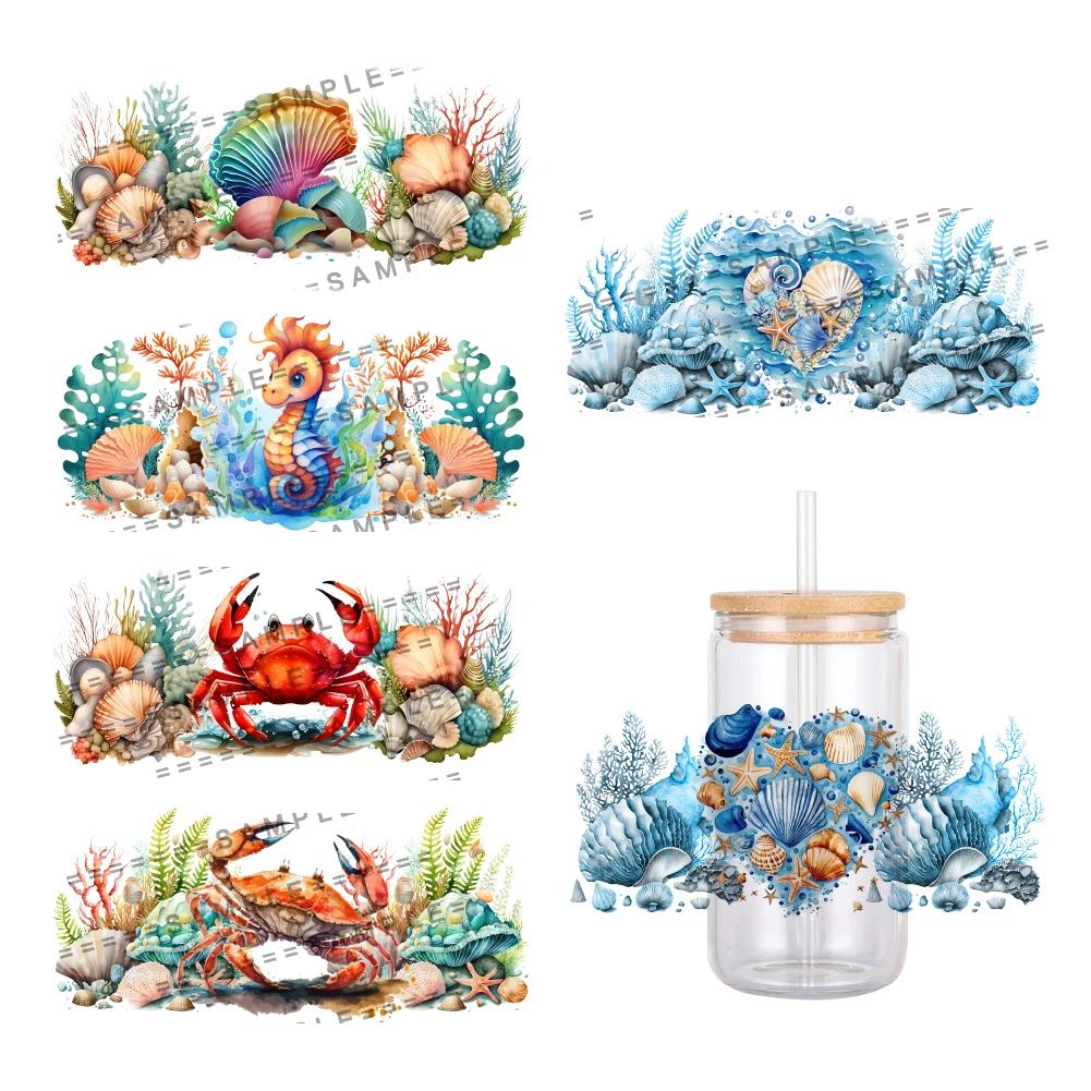 Ocean Marine Life Pattern UV DTF Transfer Sticker Waterproof Transfers Decals For 16oz Glass Cup Wrap Stickers