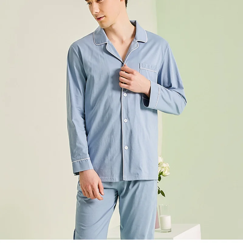 

Mem Cotton Pajamas Set Pijamas Suit Spring Loose Casual Sleepwear Blue Shirt Nightwear Lingerie Long Sleeve Homewear Loungewear